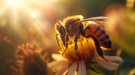 Macro photograph of a bee, collecting pollen from a colorful flower - obrazy, fototapety, plakaty