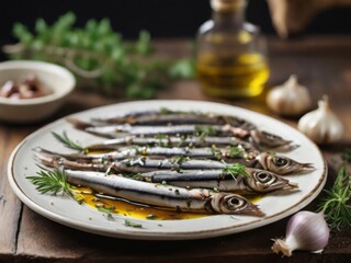 Fresh anchovies arranged on a platter