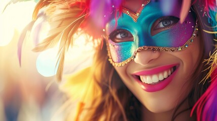 Close up happy young woman  in a carnival bright colored mask with feathers participates in a parade at the carnival with copyspace for text