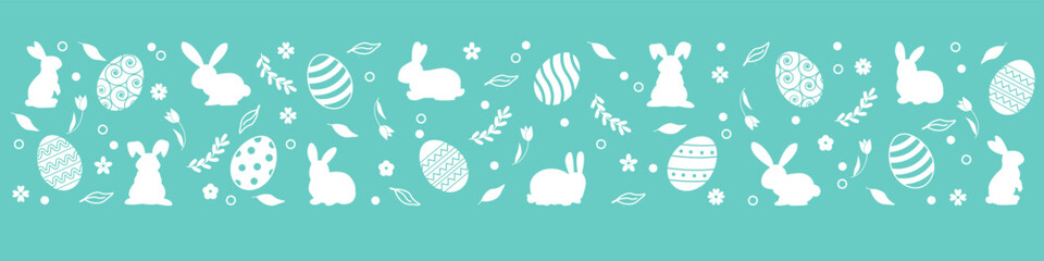 Easter horizontal seamless pattern with eggs and bunnies. Easter seamless border. Easter decoration with easter eggs. Hand drawn easter bunnies background.