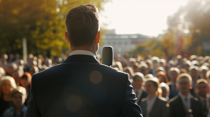 Man - Politician makes a speech into a microphone on a holder, turning his back to the camera lens, in front of a crowd of political party members - obrazy, fototapety, plakaty