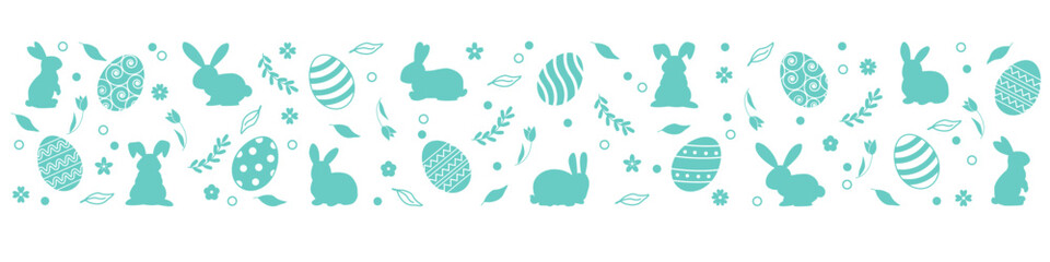 Easter horizontal seamless pattern with eggs and bunnies. Easter seamless border. Easter decoration with easter eggs. Hand drawn easter bunnies background.