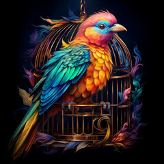 Obraz premium Detailed and realistic image of a bird perched on its cage created with Generative Ai