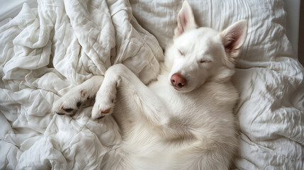 White dog sleeps soundly on a snow-white bed and on a pillow. View from above
