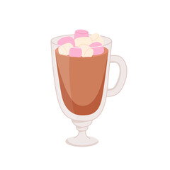 Coffee or chocolate glass with marshmallow. Cartoon hot drink in cup vector illustration. Cafe or restaurant icon. Breakfast time
