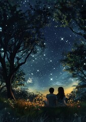 starry night couple sitting under tree stars sky smiles slightly distant future multiple visible holding fireflies flying cute drawing petals falling gently caressing earth
