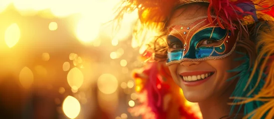 Papier Peint photo Carnaval Close up happy young woman  in a carnival bright colored mask with feathers participates in a parade at the carnival with copyspace for text