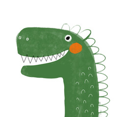 Funny Dinosaur Portrait. Lovely Nursery Vector Art with Dino. Cute Hand Drawn Green Dragon on a White Background. Childish Drawing-like Print of Monster Ideal for Wall Art, Kids' Room Decoration. RGB. - 738190426