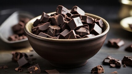 Bowl filled with dark chocolate chunks, perfect for snacking or adding to desserts