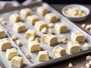 Fototapeta na wymiar White chocolate chunks arranged on a baking tray