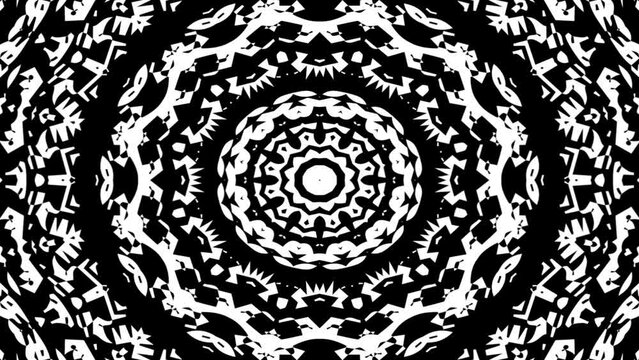 kaleidoscope looping animated pattern background. animated video black and white mandala ornament pattern abstract grunge noise grain texture