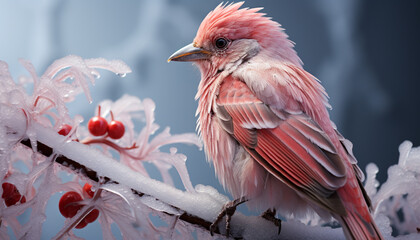 A cute bird perching on a branch in the snow generated by AI