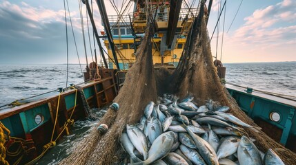 A fishing boat lifts nets with a large catch of fish - obrazy, fototapety, plakaty