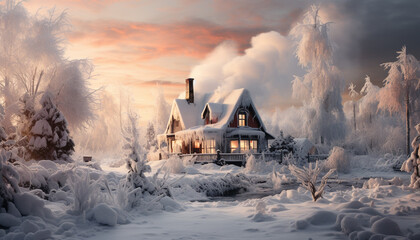Winter night snow covered cottage, chimney smoke, frosty landscape, snowy forest generated by AI