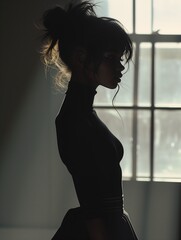 woman standing front window black dress anorexic figure cinematographic lighting neck mannequins hunger girl small waist wearing turtleneck upright - obrazy, fototapety, plakaty