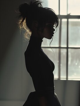 woman standing front window black dress anorexic figure cinematographic lighting neck mannequins hunger girl small waist wearing turtleneck upright