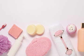 Bath accessories. Different personal care products on white background, flat lay with space for text