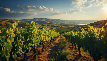 Naklejka premium Sunset over vineyard, nature winemaking masterpiece in Chianti region generated by AI