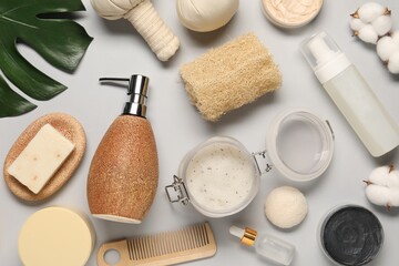 Fototapeta na wymiar Bath accessories. Flat lay composition with personal care products on light grey background