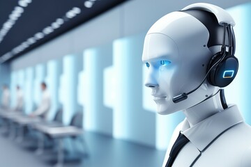 A white robot as a customer support agent with headphones