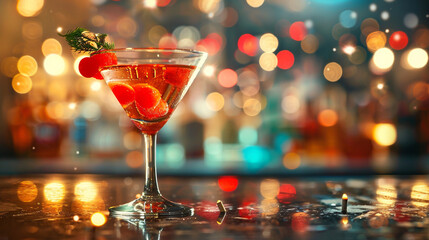 Artisan cocktail ready to be enjoyed presented on a polished bar surface with a lively yet blurred party scene behind