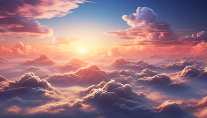 Vibrant sky, nature beauty, tranquil scene, flying high, panoramic view generated by AI - obrazy, fototapety, plakaty