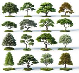 Fototapeta premium A set of trees of different shapes and sizes on a white background. Generative AI.