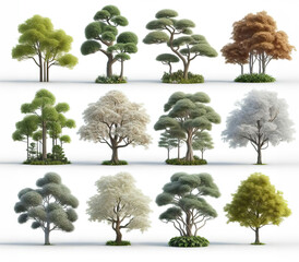 A set of trees of different shapes and sizes on a white background. Generative AI.