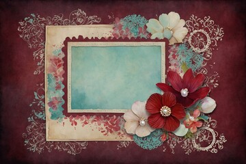 vintage rustic flowers framework for invitation or greetings, decorated by pearls and lace, red background with space for text