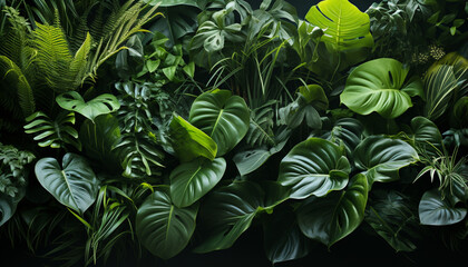Fresh green leaves in a tropical rainforest, a beautiful sight generated by AI