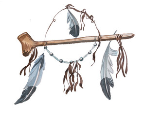 Watercolor piece pipe painting. Indian themed artwork. Native american concept.