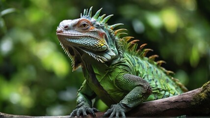 Fototapeta premium A side view of an iguana on a tree, showing its long tail and sharp claws