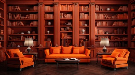 The background of the bookcases is in Orange color