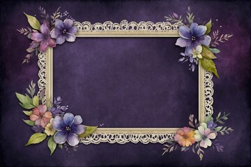 vintage purple background with frame and flowers, frame design for cards, invitation or greeting