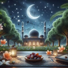 Ramadan Mubarak with a mosque background
