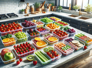 Organized Meal Prep with Fresh Fruits and Vegetables in a Modern Kitchen