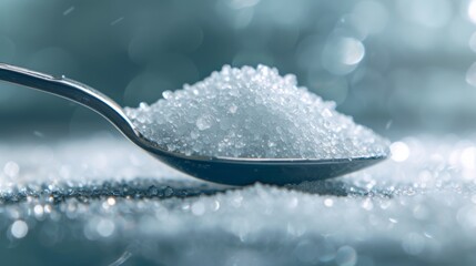 Cold blue tones of granulated sugar on a spoon with a bokeh background. Close-up view of crystalline sugar in a metal teaspoon with frosty reflections.