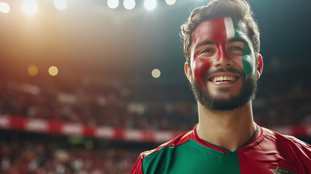 Cheering portugal fan with painted face in flag colors at sports event, blurry stadium background