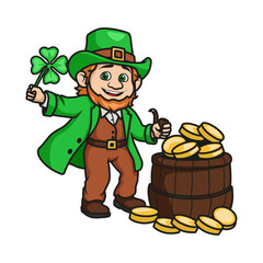 Funny leprechaun with clover and a cauldron with gold coins. Vector illustration isolated on a white background