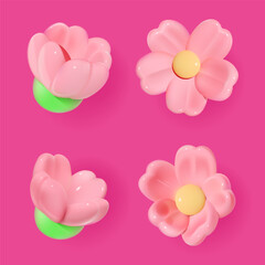 A collection of glossy 3D pink flowers on a vibrant pink background.