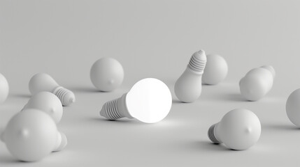 Illuminated Light Bulb Standing Out Among Unlit Bulbs, Concept of Innovation and Ideas