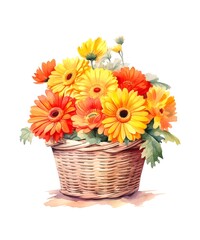 Watercolor illustration of a bouquet of yellow gerberas in wicker basket isolated on white background.