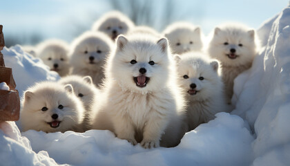 Cute puppy playing in the snow with fluffy fur generated by AI - 738194821