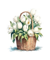 Watercolor illustration of a bouquet of white tulips in wicker basket isolated on white background.