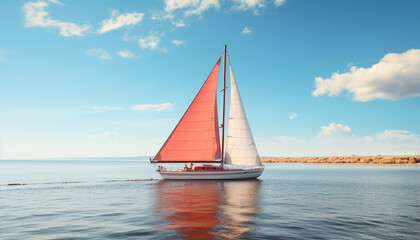 Fototapeta premium Sailing yacht glides on blue waves, nature adventurous leisure generated by AI