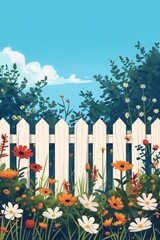 illustration white picket flowers plants foreground design fence line streaming clear sunny day panels nosey neighbors extremely highly spring
