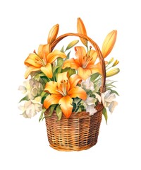 Watercolor illustration of a bouquet of orange lilies in wicker basket isolated on white background.
