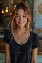 woman long hair necklace neck stunningly slim beige shirt slightly awkward smile small hipster coffee shop female clear bronze face blonde auburn two toned short young