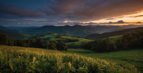 the sun sets over a green field and mountains and tree.  Generative AI.