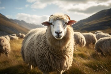Obraz premium Closeup of a sheep in a herd looking at the camera, in new Zealand open fields